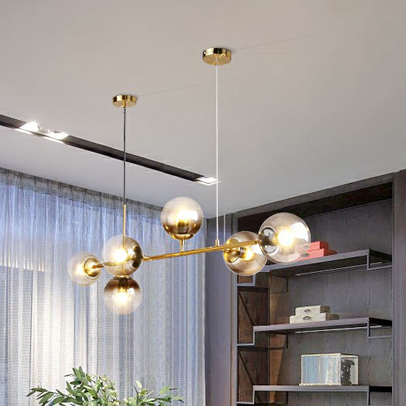 6-Light Linear Dining Room Island Pendant With Postmodern Metallic Finish And Glass Ball Shades