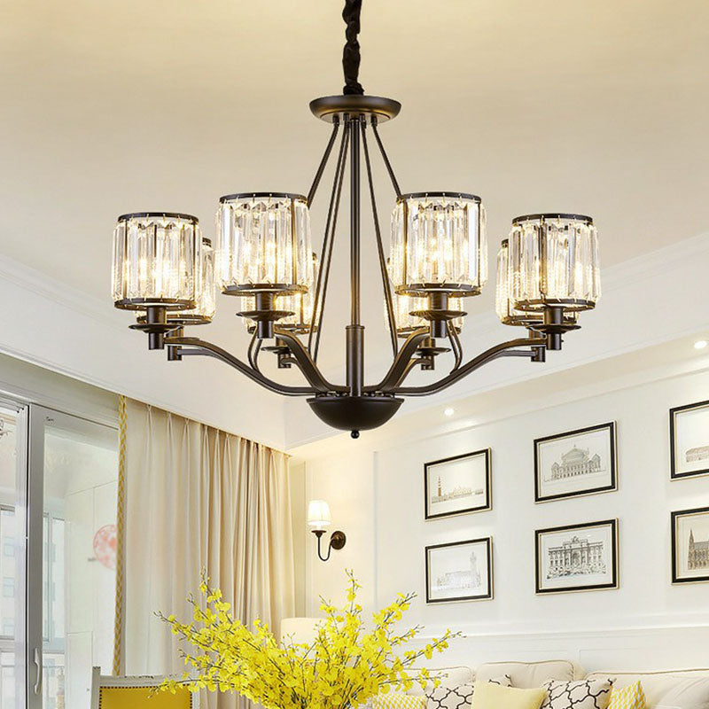 Contemporary Black Bedroom Chandelier Light With Crystal Cylinder Shade