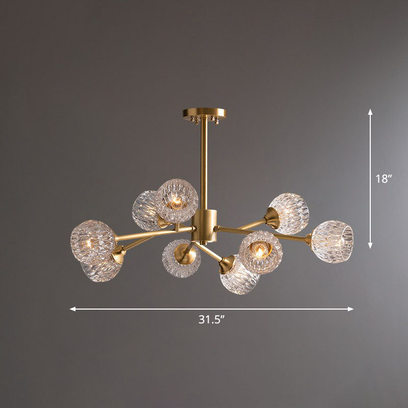 Gold Finish Chandelier With Metallic Branch Design And Clear Crystal Shade 9 /