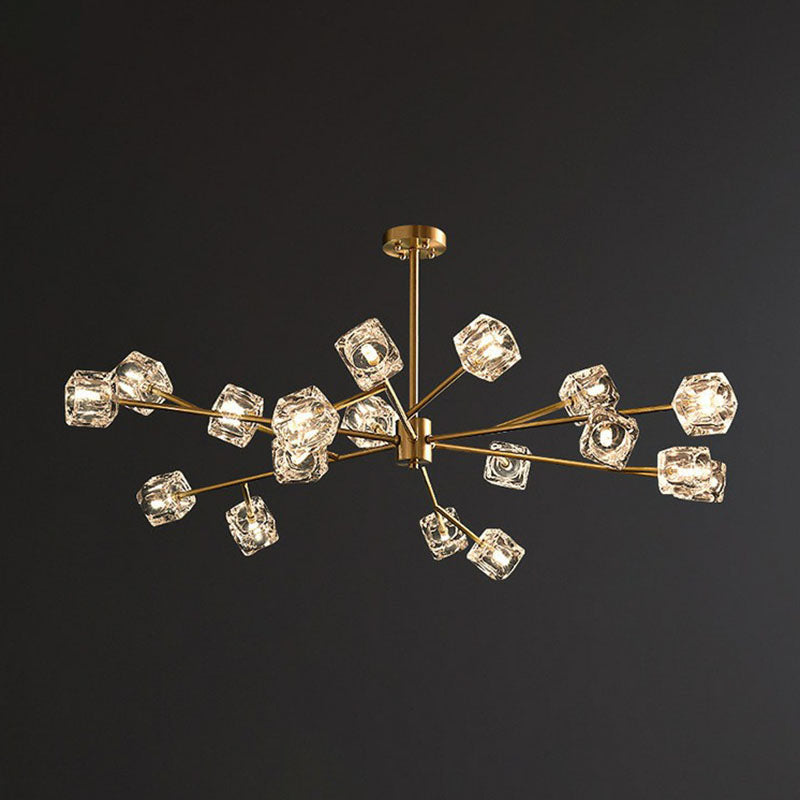 Modern Gold Branch Chandelier Lamp With Clear Crystal Cube - Living Room Suspension Light