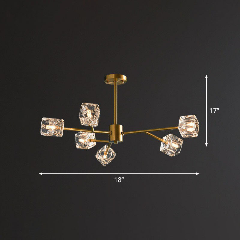 Modern Gold Branch Chandelier Lamp With Clear Crystal Cube - Living Room Suspension Light 6 /