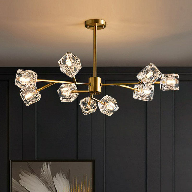 Modern Gold Branch Chandelier Lamp With Clear Crystal Cube - Living Room Suspension Light