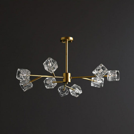 Modern Gold Branch Chandelier Lamp With Clear Crystal Cube - Living Room Suspension Light