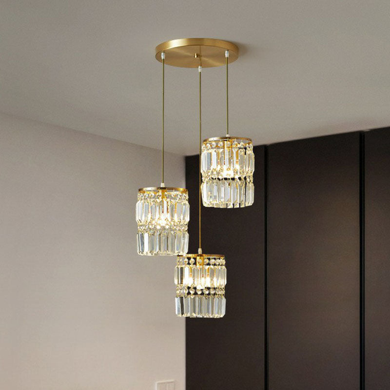 Postmodern 3-Head Gold Hanging Lamp Kit With Cylinder Crystal Prisms