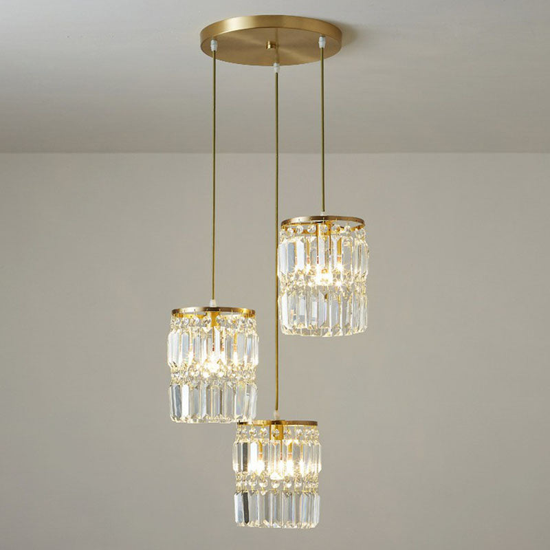 Postmodern 3-Head Gold Hanging Lamp Kit With Cylinder Crystal Prisms / Round