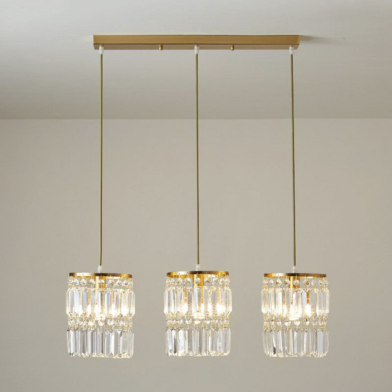 Postmodern 3-Head Gold Hanging Lamp Kit With Cylinder Crystal Prisms / Linear