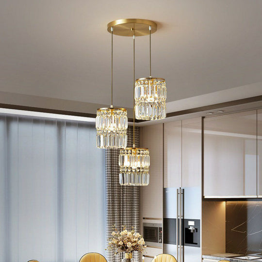 Postmodern 3-Head Gold Hanging Lamp Kit With Cylinder Crystal Prisms