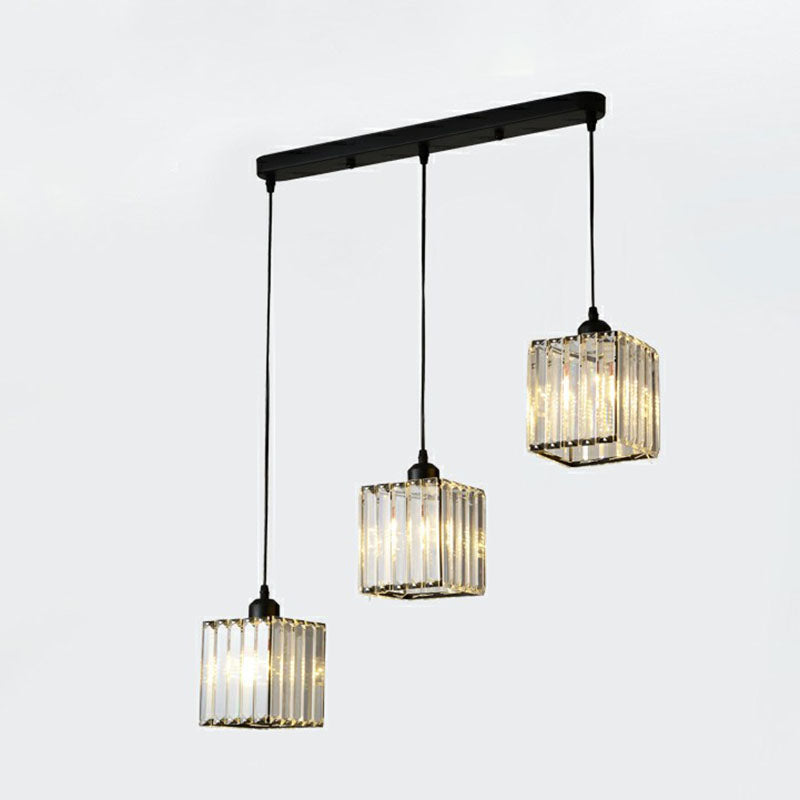 Postmodern Clear Crystal Block Pendant Light - 3-Light Hanging Fixture For Living Room Ceiling Black