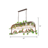 Rustic Iron Bird Cage Pendant Light With Ivy Decor - Industrial Hanging Island For Restaurants