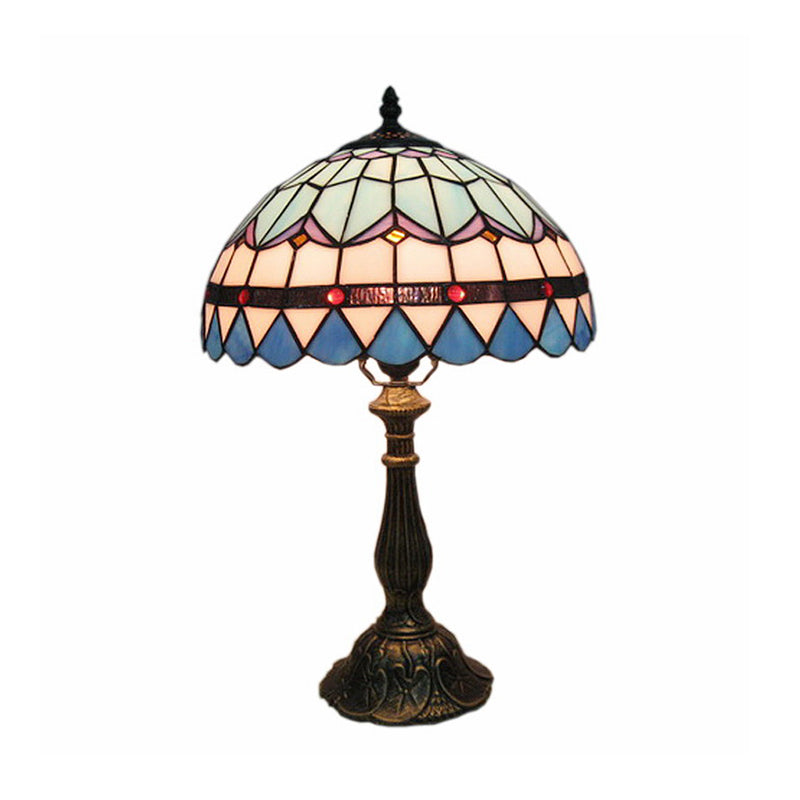 Mediterranean Dome Stained Glass Nightstand Lamp For Bedside Table Blue