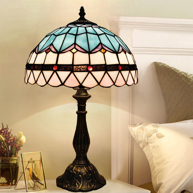 Mediterranean Dome Stained Glass Nightstand Lamp For Bedside Table Pink