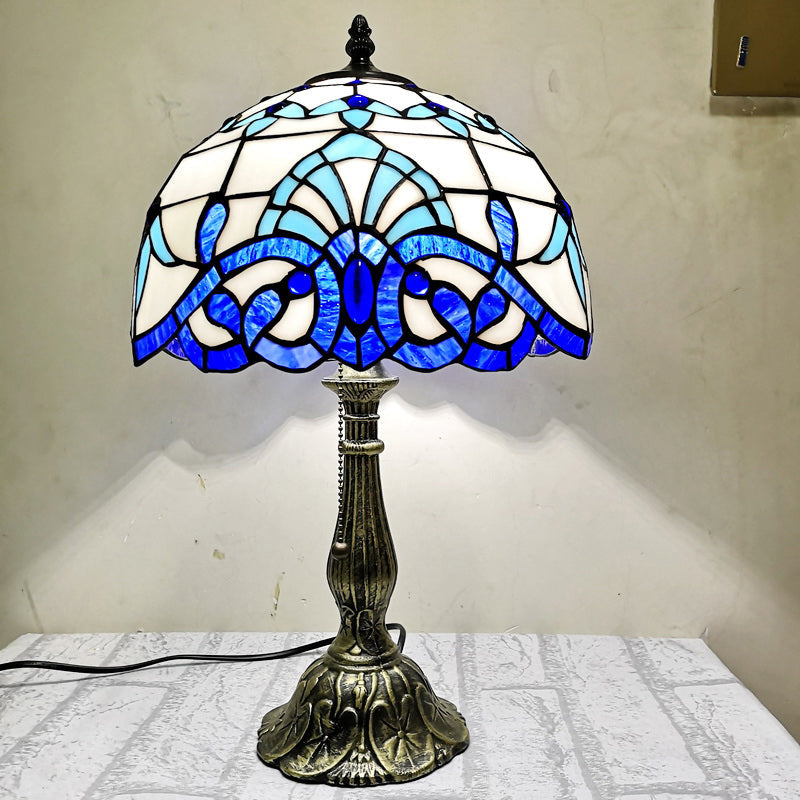 Mediterranean Dome Stained Glass Nightstand Lamp For Bedside Table Dark Blue
