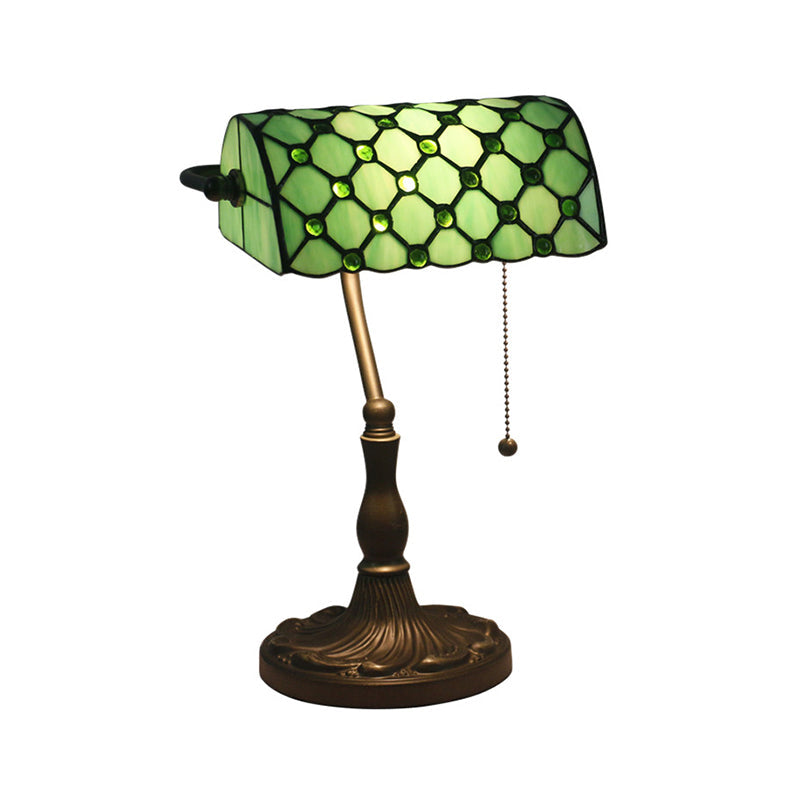 Gridded Glass Antique Nightstand Lamp With Pull Chain - Half Cylinder Table Lighting 1-Light
