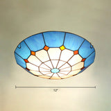 Mediterranean Gridded Glass Blue Flush Mount Ceiling Light / 12