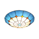 Mediterranean Gridded Glass Blue Flush Mount Ceiling Light