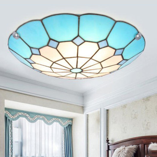 Tiffany Glass Mediterranean Flushmount Ceiling Light For Restaurants - Bowl Led Flush Mount Blue