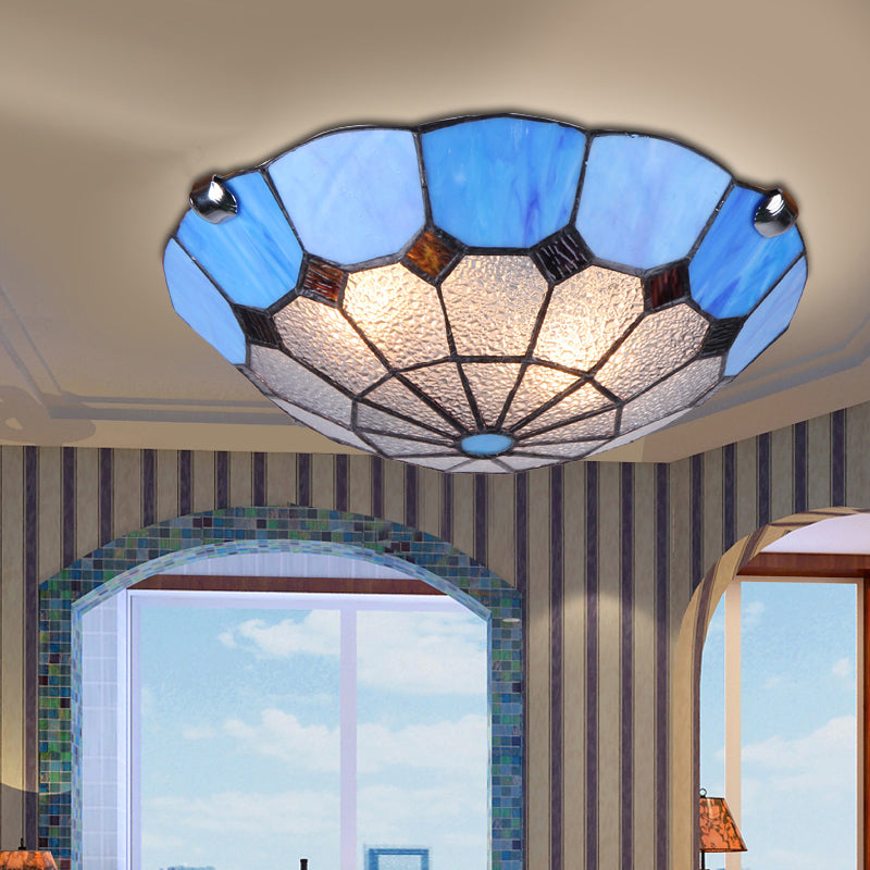 Tiffany Glass Mediterranean Flushmount Ceiling Light For Restaurants - Bowl Led Flush Mount Blue