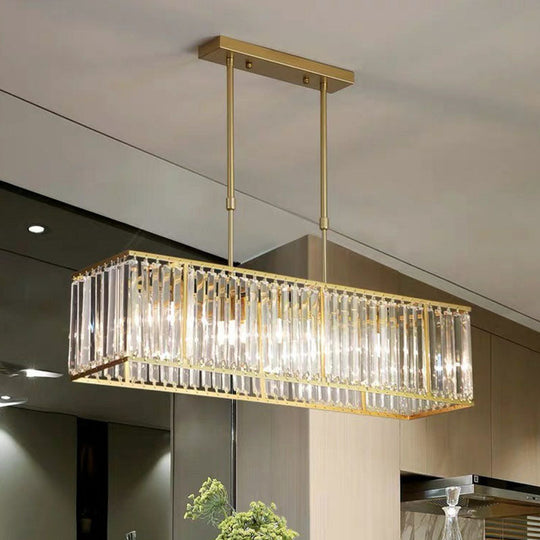 Sleek Dining Room Crystal Chandelier - Rectangle Prismatic Design 4 Bulb Island Pendant Light Gold