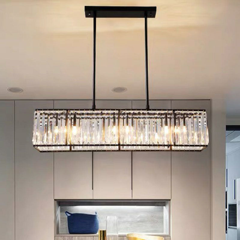 Sleek Dining Room Crystal Chandelier - Rectangle Prismatic Design 4 Bulb Island Pendant Light Black