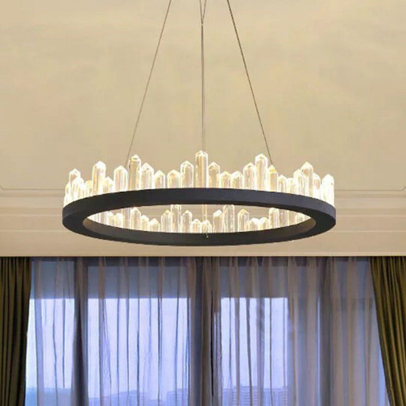 Sleek Clear Crystal Ring Chandelier Light: 3-Bulb Simplicity with Black Pendant Fixture