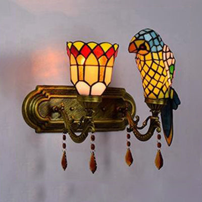 Parrot Wall Sconce: Lodge Style Stained Glass Lighting With Amber Crystal In Red/Blue