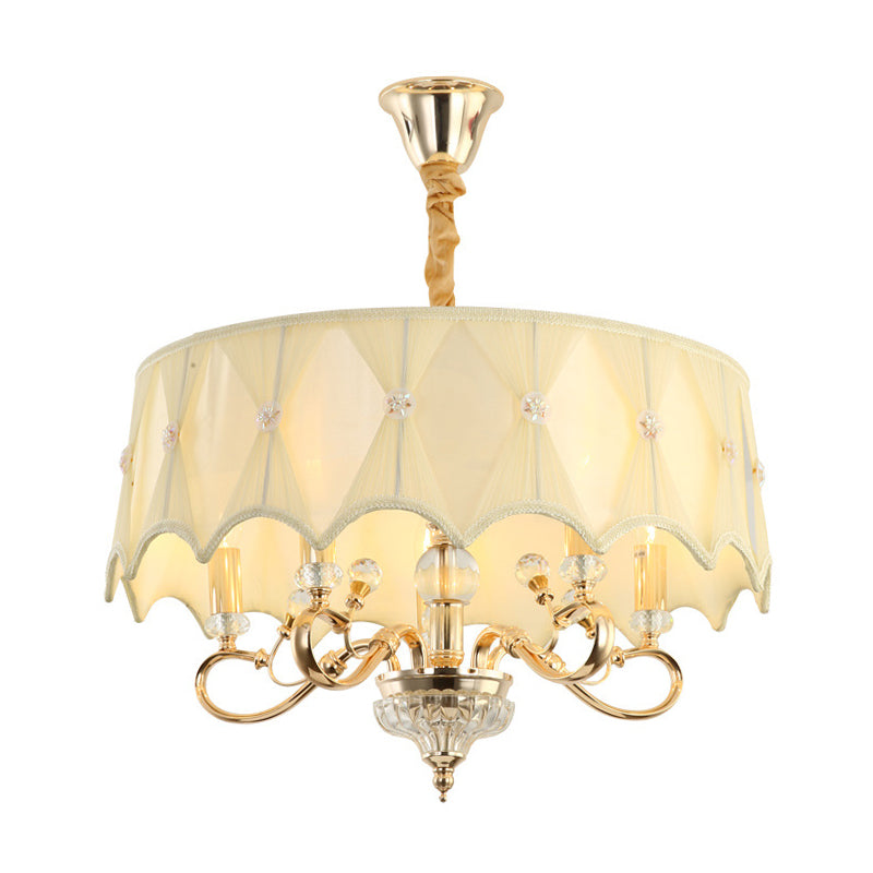 White Fabric Shaded 5-Light Round Chandelier featuring Crystal Stands - Traditional Ceiling Light
