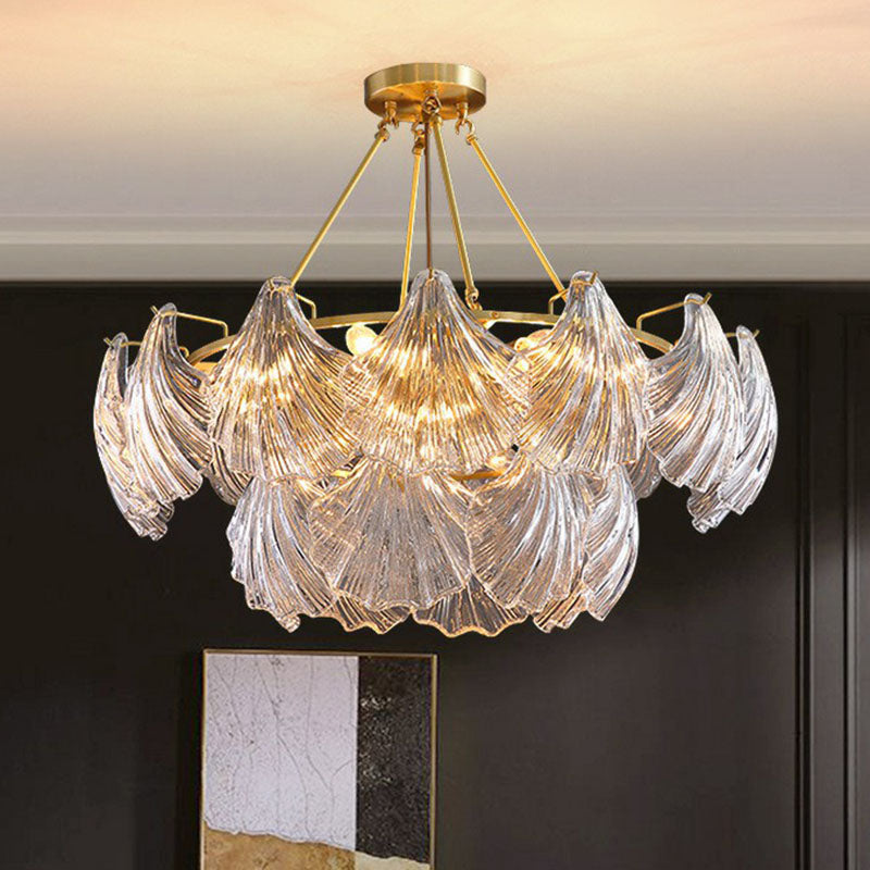 Simplicity Ribbed Crystal Brass Shell Chandelier Pendant Light - Elegant Dining Room Fixture