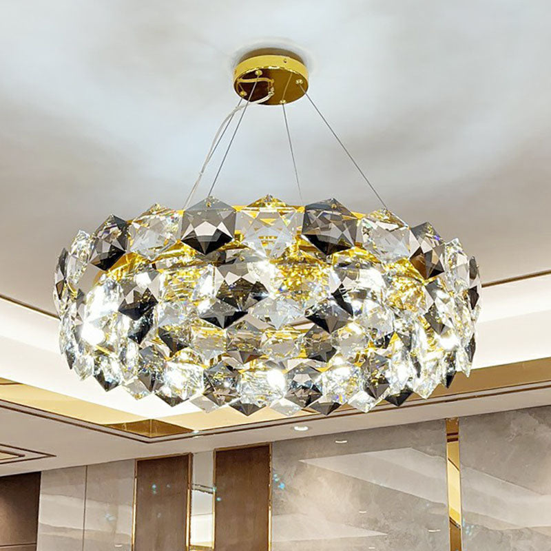 Modern Round Gold Chandelier with Hexagonal-Crystal Suspension Light – Perfect for Living Room Lighting