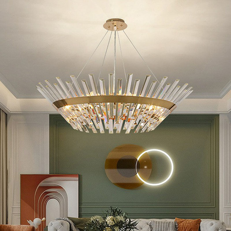 Minimalist Gold Tapered Chandelier With Crystal Prism - Living Room Pendant Light