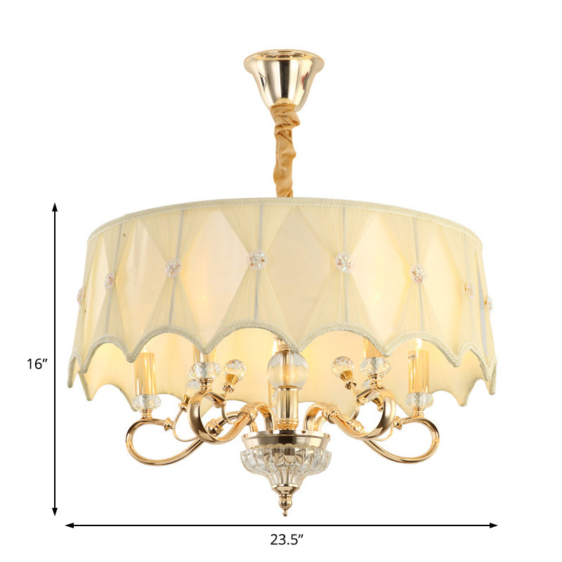 Traditional Round Chandelier With Crystal Stands And 5 Fabric Shaded Lights