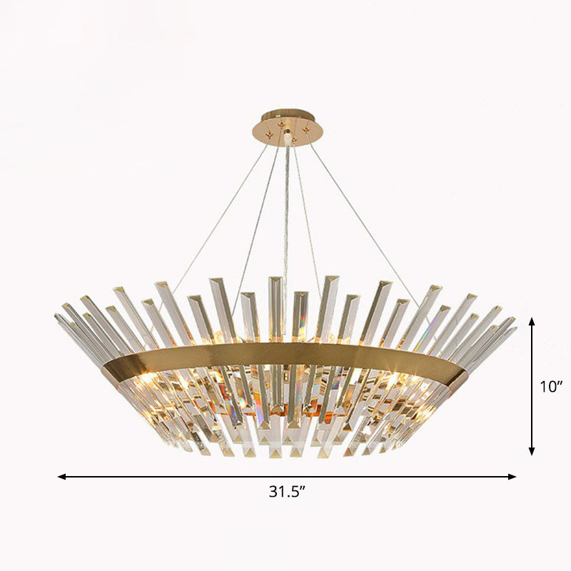 Minimalist Gold Tapered Chandelier With Crystal Prism - Living Room Pendant Light / 31.5