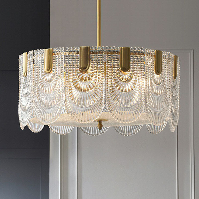 Scalloped Crystal Ribbed Chandelier Pendant Light - Contemporary Brass Hanging Fixture