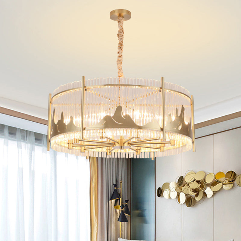 Traditional Round Chandelier: Prismatic Glass, 10-Light Gold Ceiling Pendant with Mountain Pattern