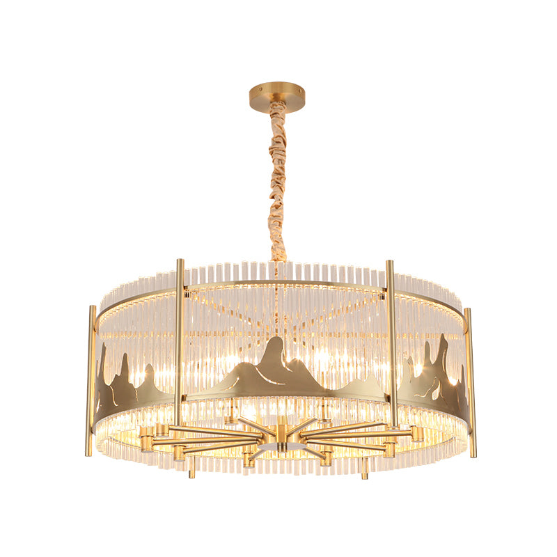 Traditional Prismatic Glass 10-Light Gold Round Chandelier Lamp With Mountain Pattern - Ceiling