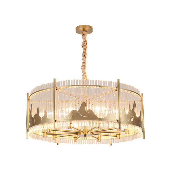 Traditional Prismatic Glass 10-Light Gold Round Chandelier Lamp With Mountain Pattern - Ceiling