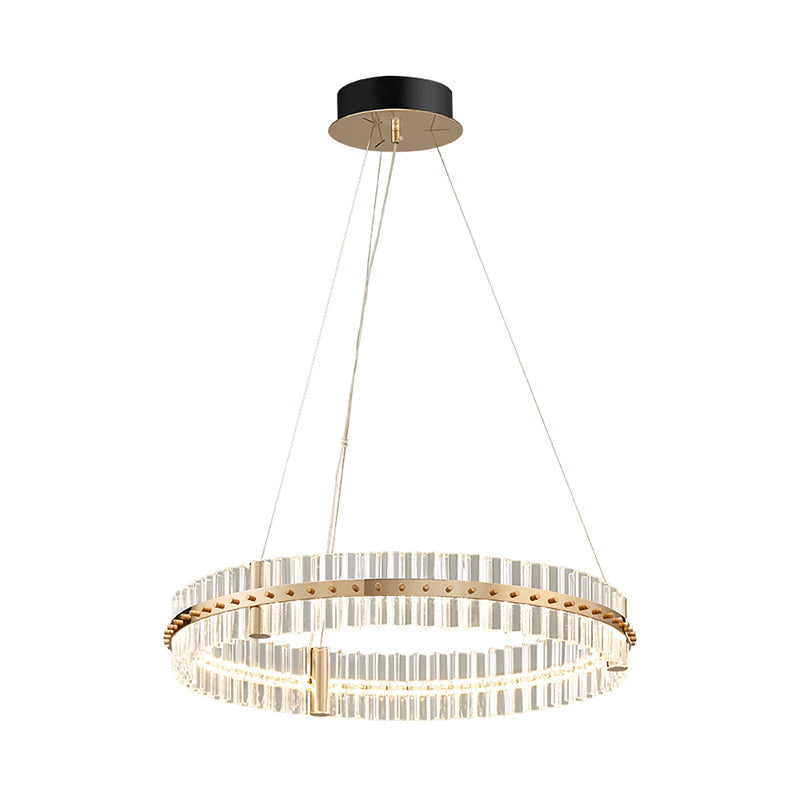 Golden LED Bedroom Pendant Light Kit with Minimalist Circular Clear Crystal Chandelier