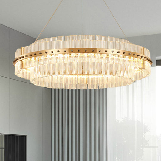 Contemporary Crystal LED Gold Chandelier - 19.5" Diameter, 2-Tier, Adjustable Hanging Cords