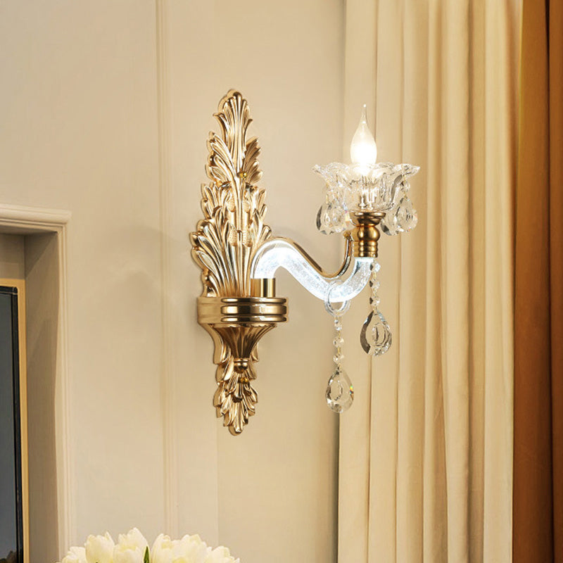 Modernist Style Floral Wall Sconce With Clear Crystal 1/2-Light Fixture - Gold Light For Living Room
