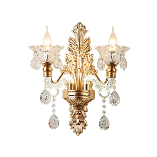 Modernist Style Floral Wall Sconce With Clear Crystal 1/2-Light Fixture - Gold Light For Living Room