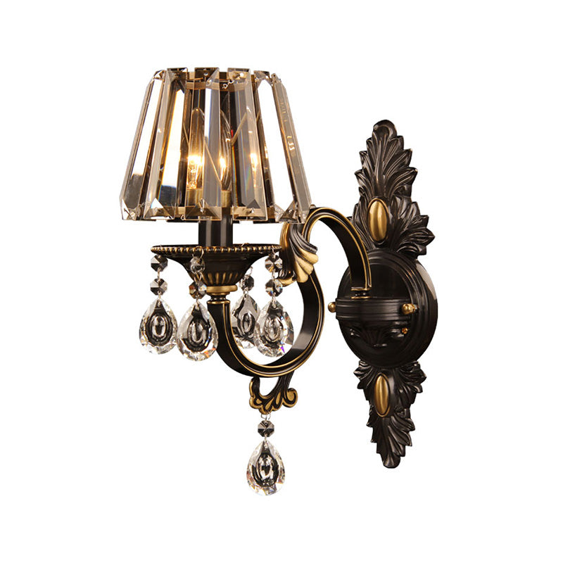 Contemporary Clear Crystal Conic Wall Sconce: 1-Bulb Black/Brass Finish Lighting For Corridor