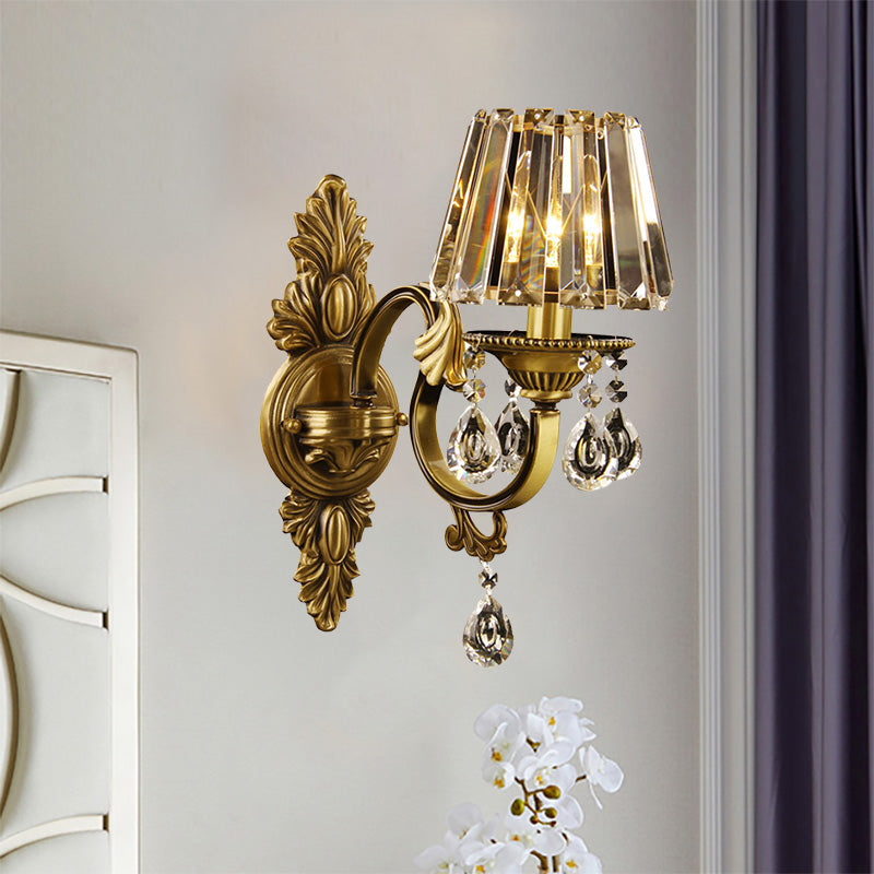 Contemporary Clear Crystal Conic Wall Sconce: 1-Bulb Black/Brass Finish Lighting For Corridor Brass