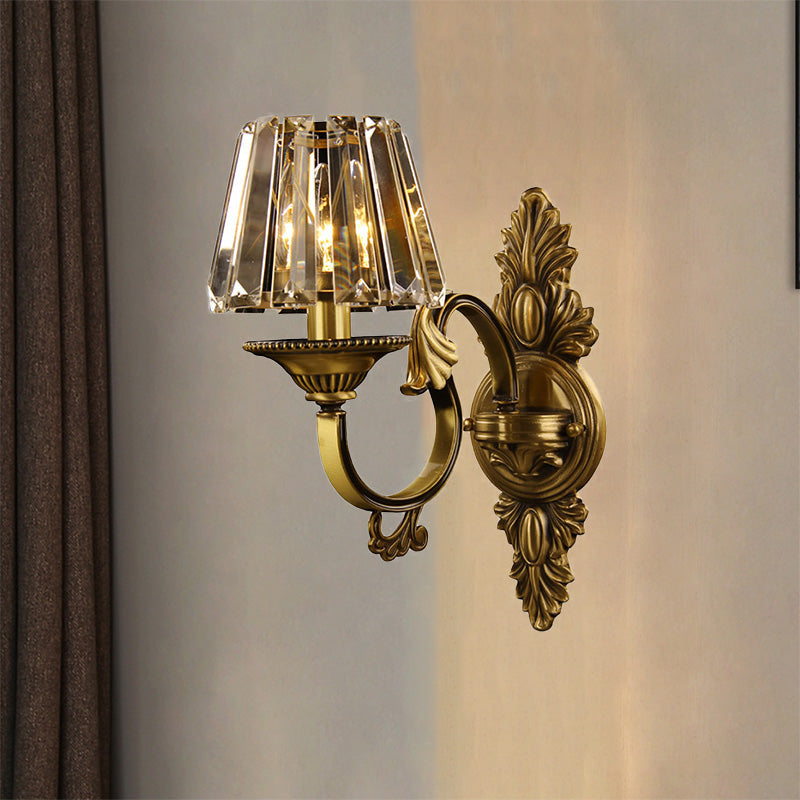 Contemporary Brass Porch Wall Lamp With Crystal Shade - 1 Bulb Lighting Fixture