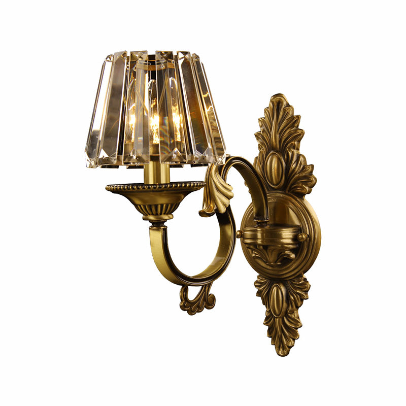 Contemporary Brass Porch Wall Lamp With Crystal Shade - 1 Bulb Lighting Fixture
