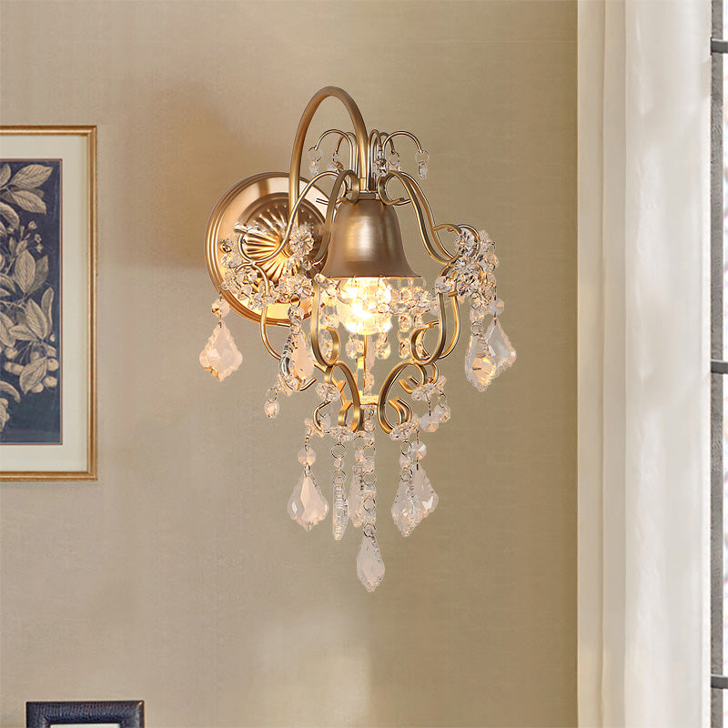 Vintage Golden Bell Wall Sconce With Clear Crystal Draping - 1 Light Fixture