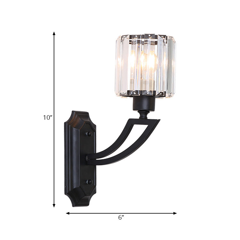 Modern Cylindrical Clear Crystal Wall Sconce With Curved Arm And Black/Gold Finish