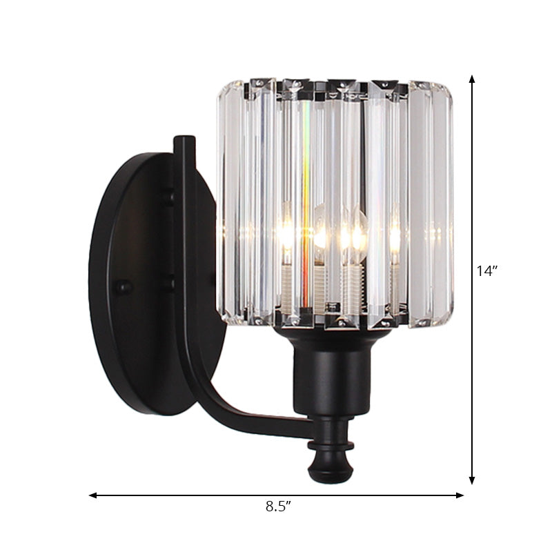 Contemporary Cylinder Crystal Wall Light With 1 Head Mounted On Bedroom - Black/Gold Curved Arm