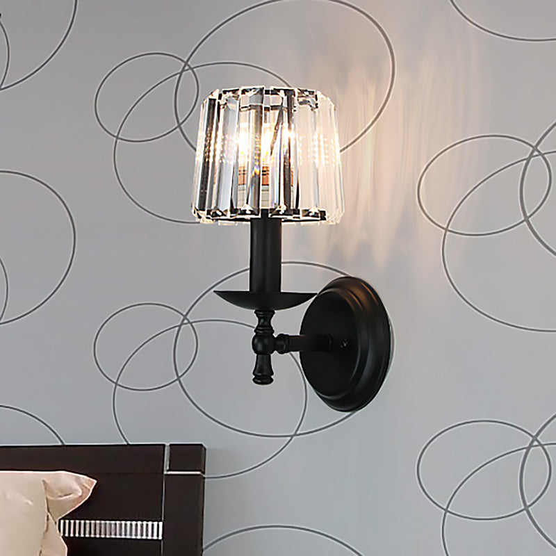 Modern Clear Crystal Wall Lamp: 1-Head Bedside Sconce Light In Black Curved/Straight Arm