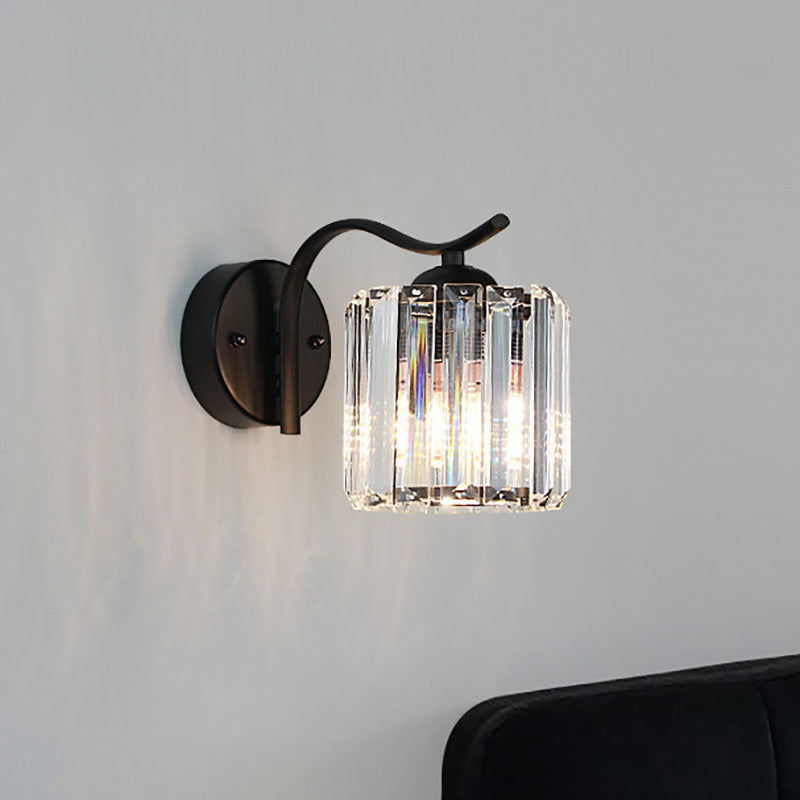 Modern Clear Crystal Wall Lamp: 1-Head Bedside Sconce Light In Black Curved/Straight Arm / Curved