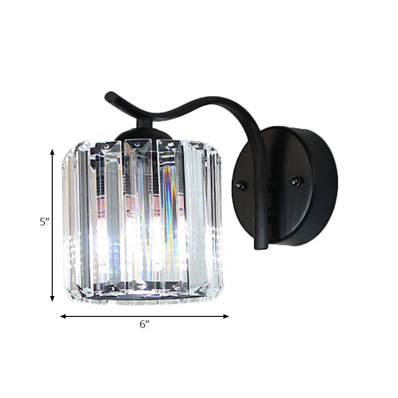 Modern Clear Crystal Wall Lamp: 1-Head Bedside Sconce Light In Black Curved/Straight Arm