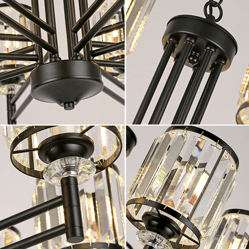 Retro Cylindrical Chandelier Pendant Light - Black Finish, Crystal Accent, Adjustable Chain - 3/6/8 Lights
